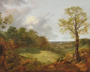 Boslandschap met een huisje, schapen en een liggende herder, ca. 1748-50